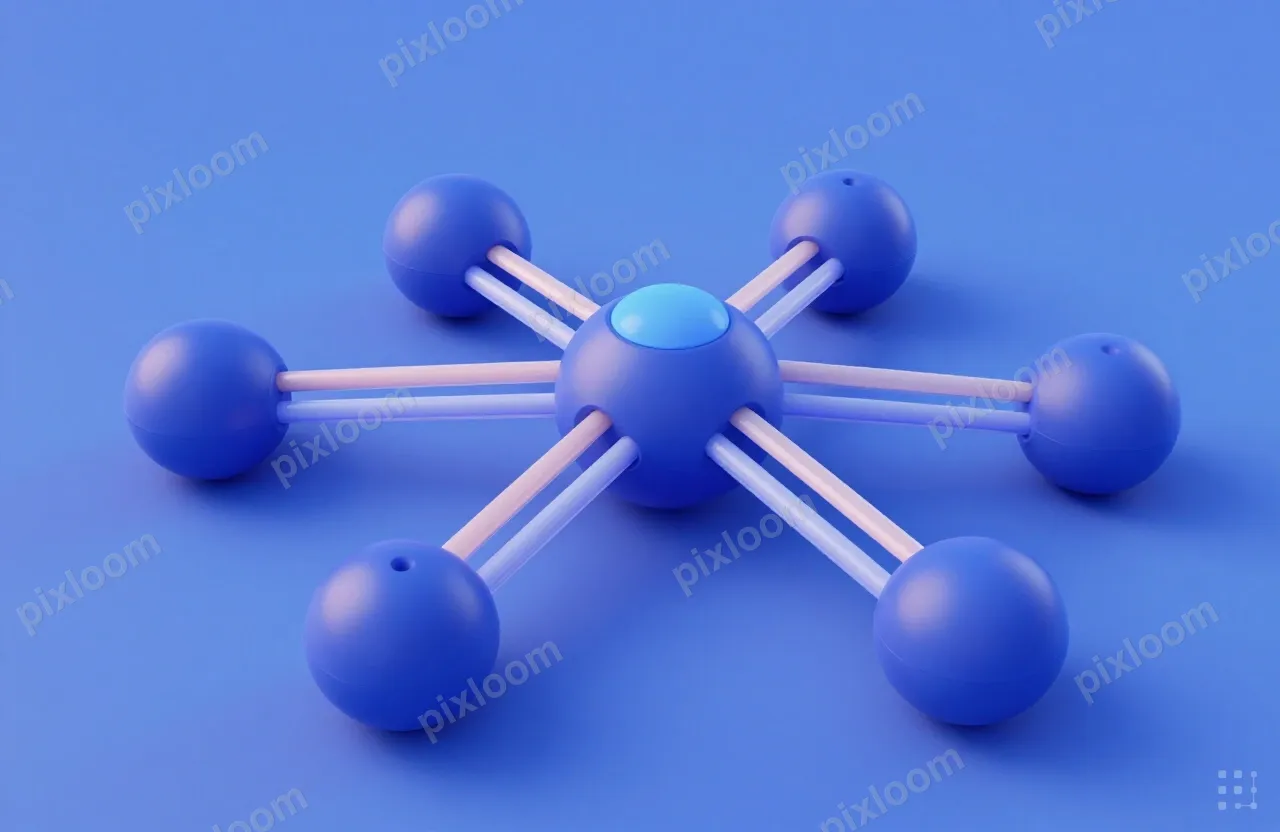 3D rendered abstract network graph, interconnected nodes and