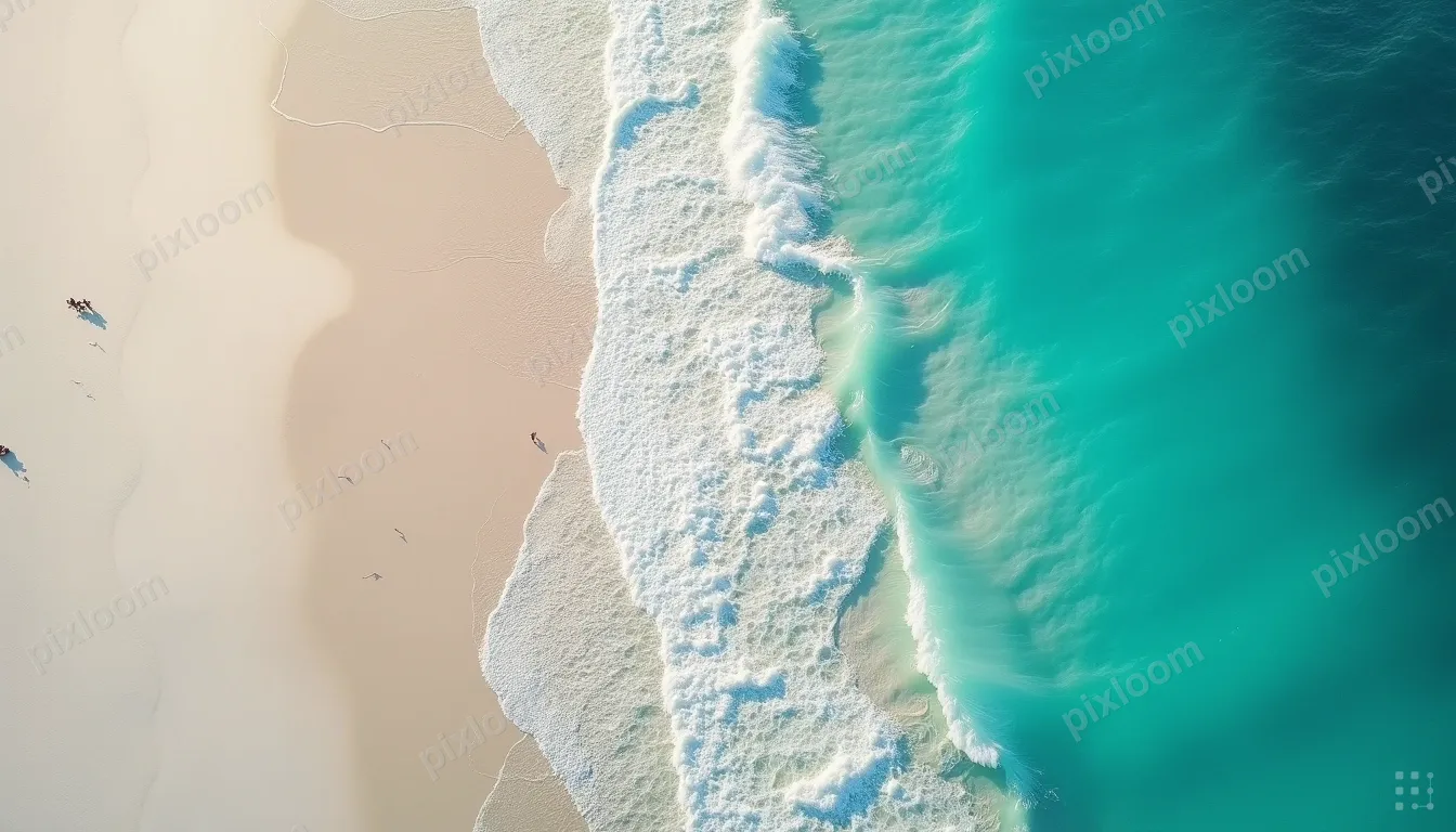 Aerial view of turquoise ocean meeting white sand beach, wav