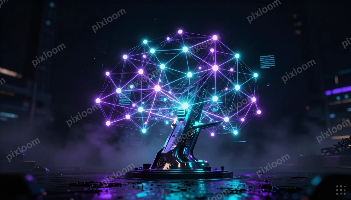 Network of glowing interconnected nodes, neural network visu
