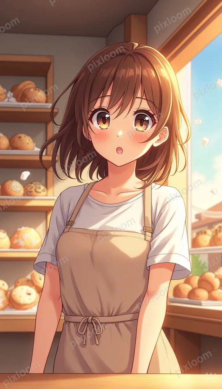 Anime-style cozy bakery interior, display cases of pastries,