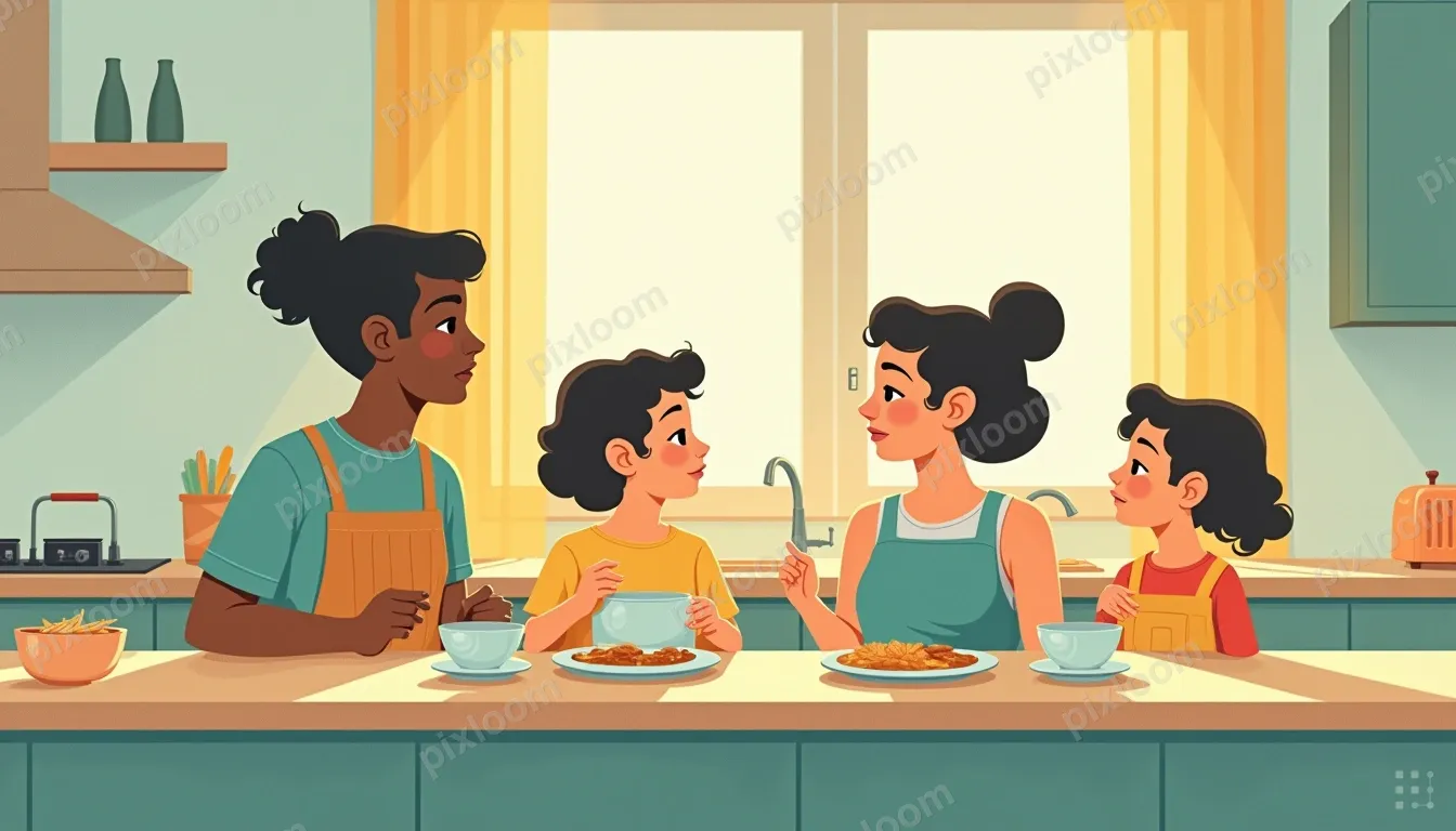 Retro editorial illustration of a 1950s-style family breakfa