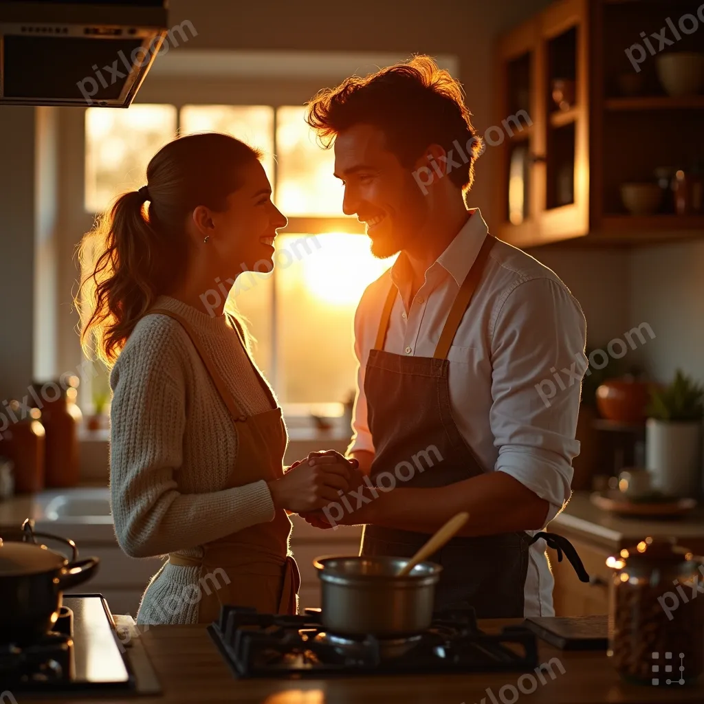 Couple cooking together in a kitchen, laughing, stirring a p