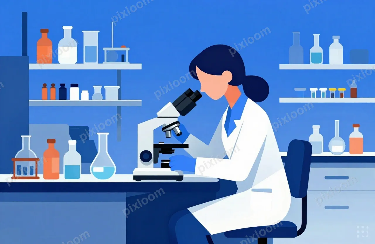 A woman in a lab coat sits at a laboratory bench, looking in