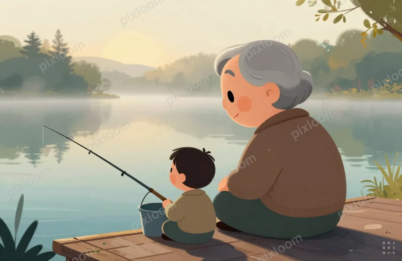 Grandparent and child fishing at a quiet lake, early morning