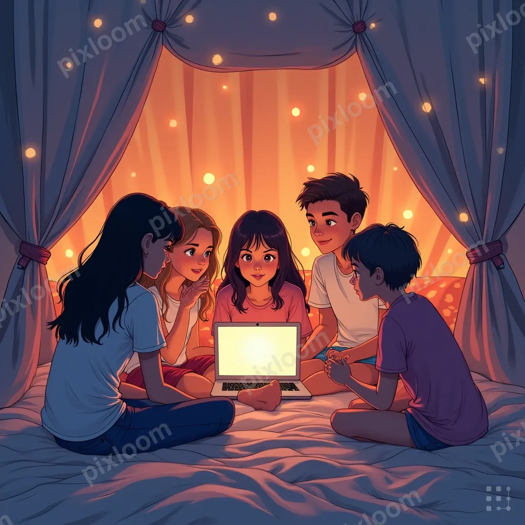 Teens at a sleepover, pillow fort, fairy lights, movies on l