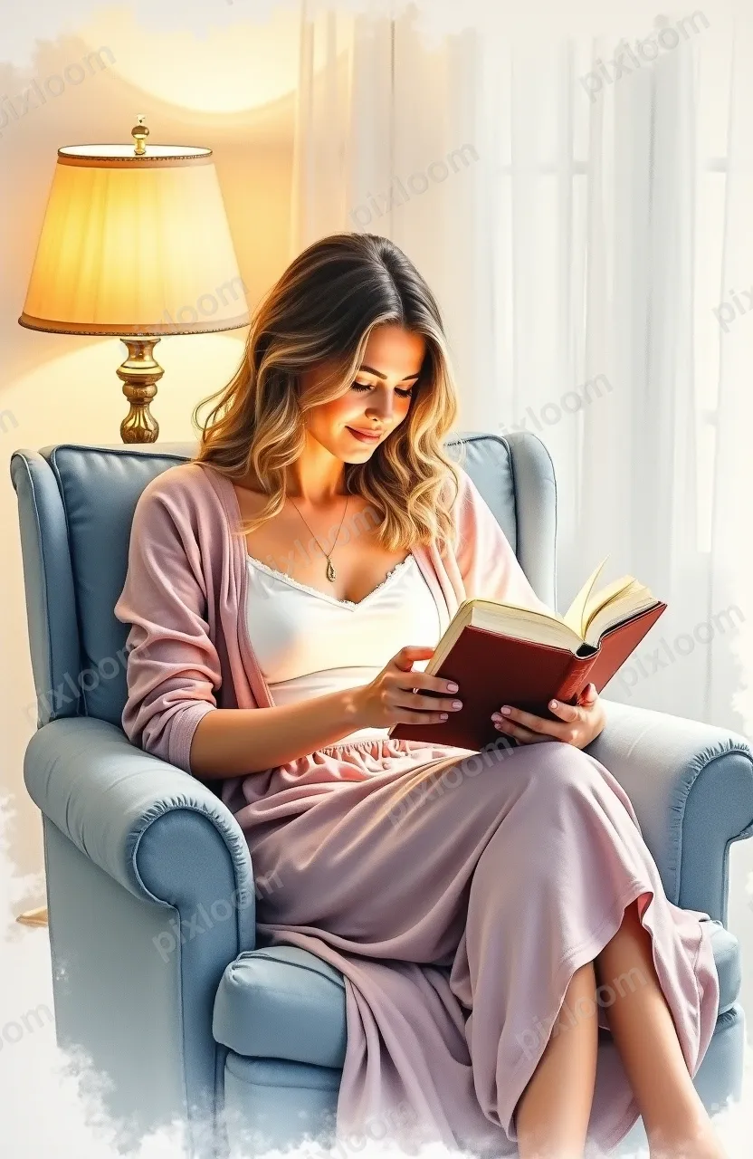 Watercolor portrait of a woman reading a book in a cozy armc