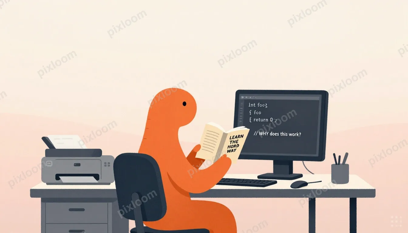 An orange dinosaur sits at a desk, reading a book titled LEA