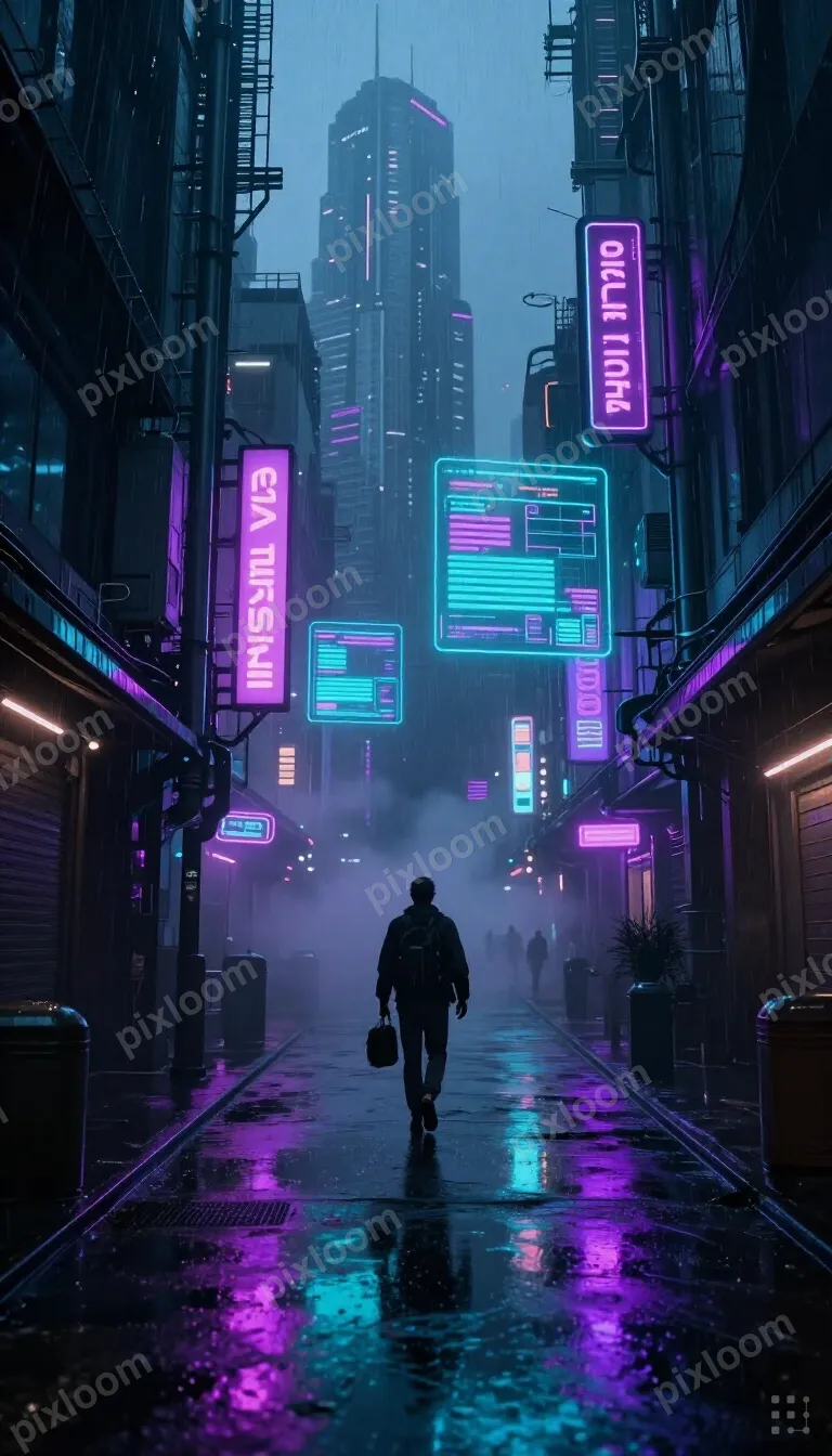Cyberpunk neon-lit alley in a futuristic Asian city, rain, h