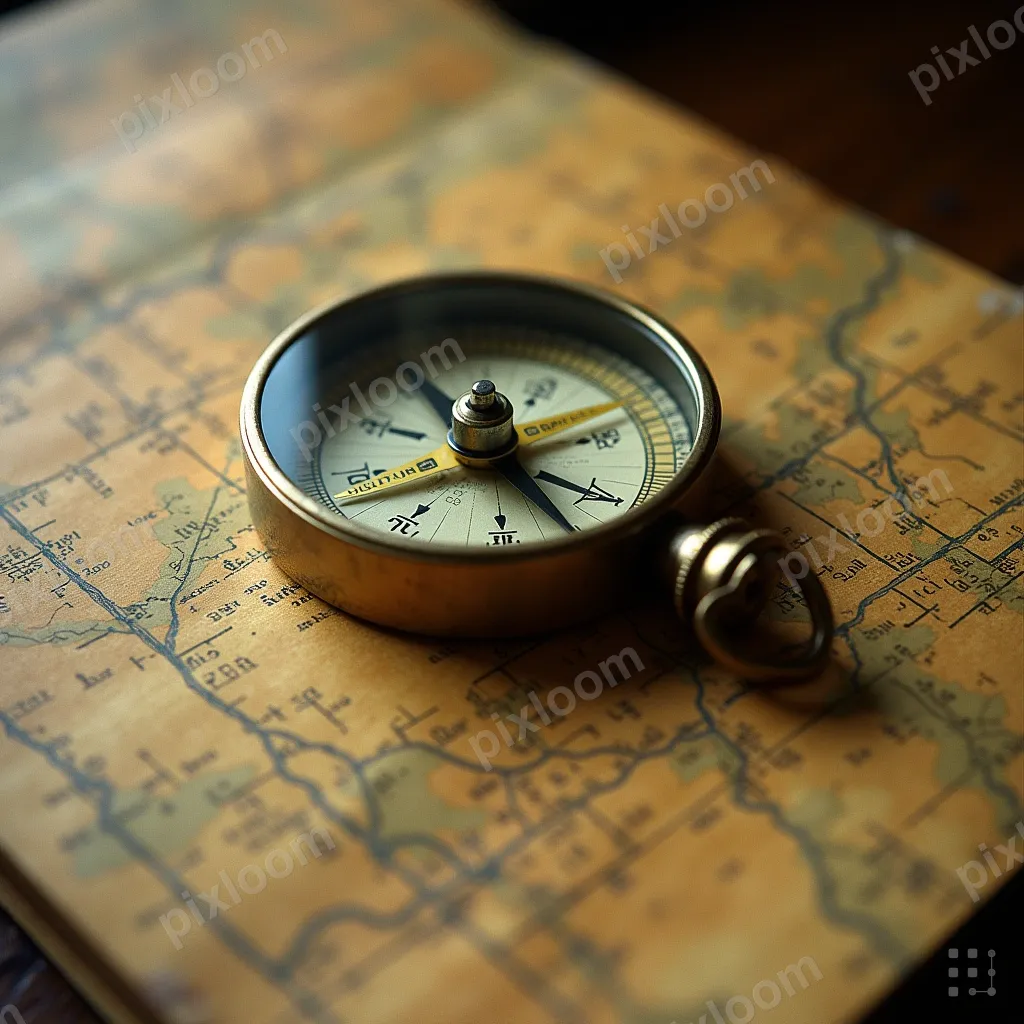 Compass on an old map, adventure and direction, warm vintage