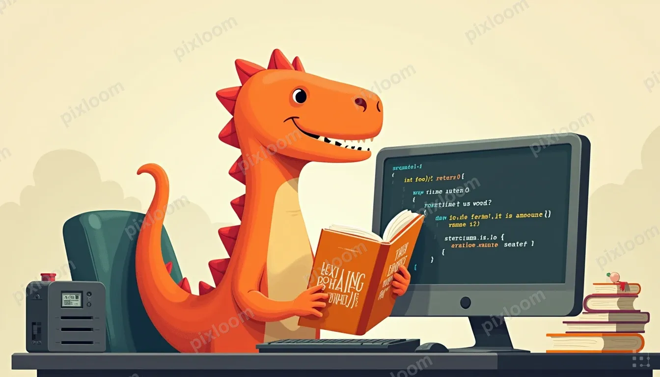 An orange dinosaur sits at a desk, reading a book titled LEA