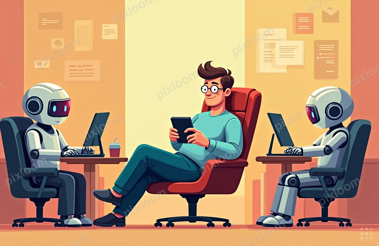 A software engineer lounging in an office chair, leaning far