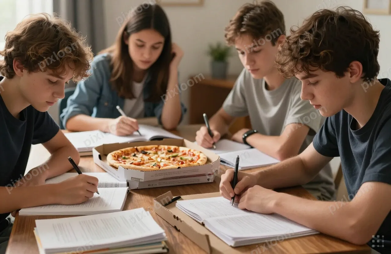 teens style study group in a bedroom, pizza boxes, textbooks