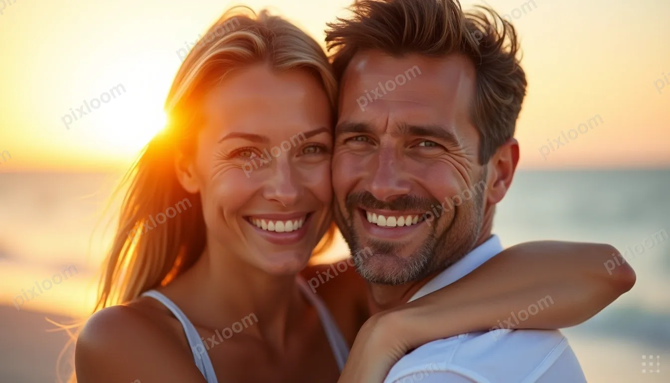 Two adults, a smiling woman and a man, share a close hug on 