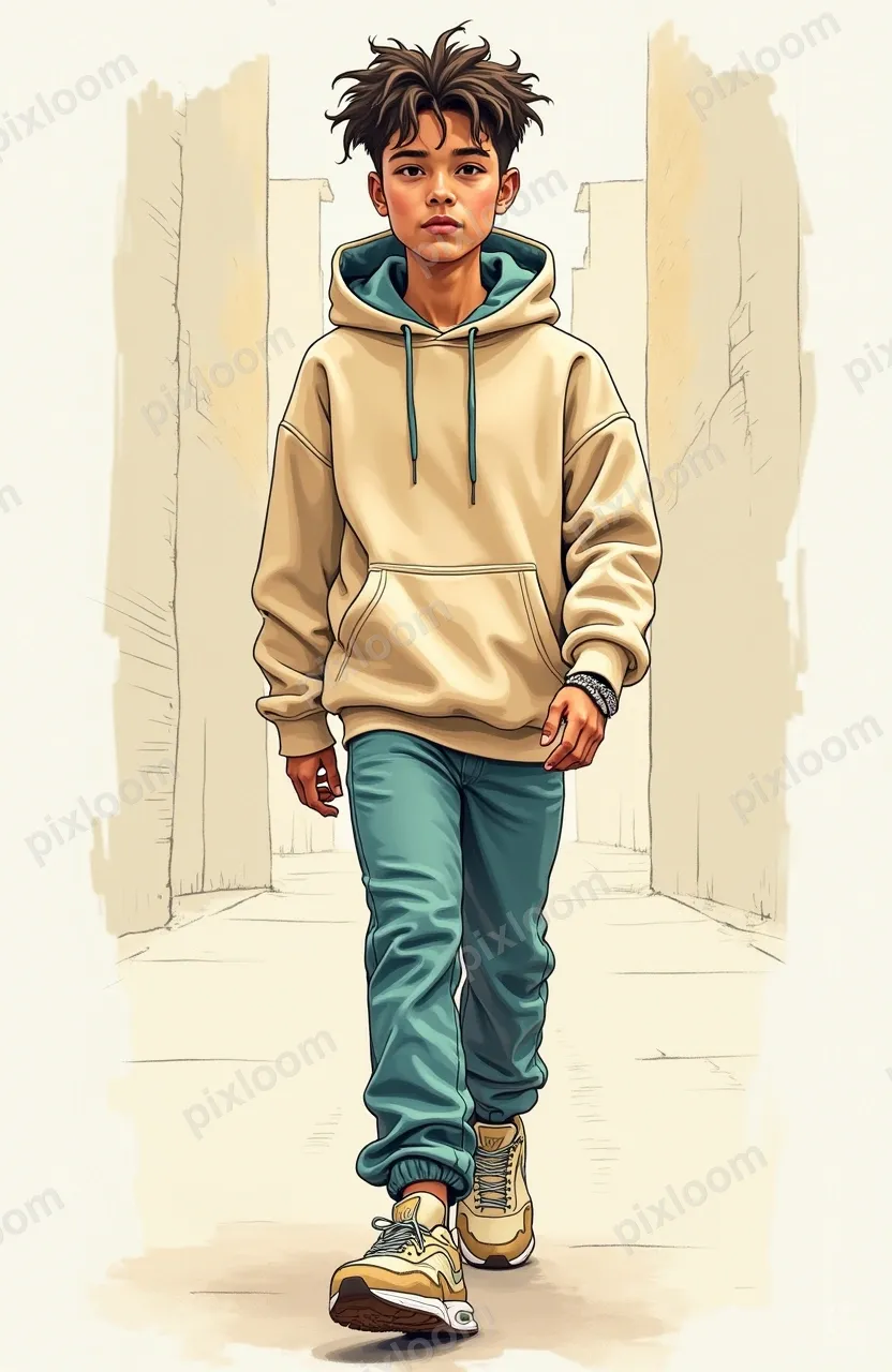 Fashion sketch of teen street style, oversized hoodie, sneak
