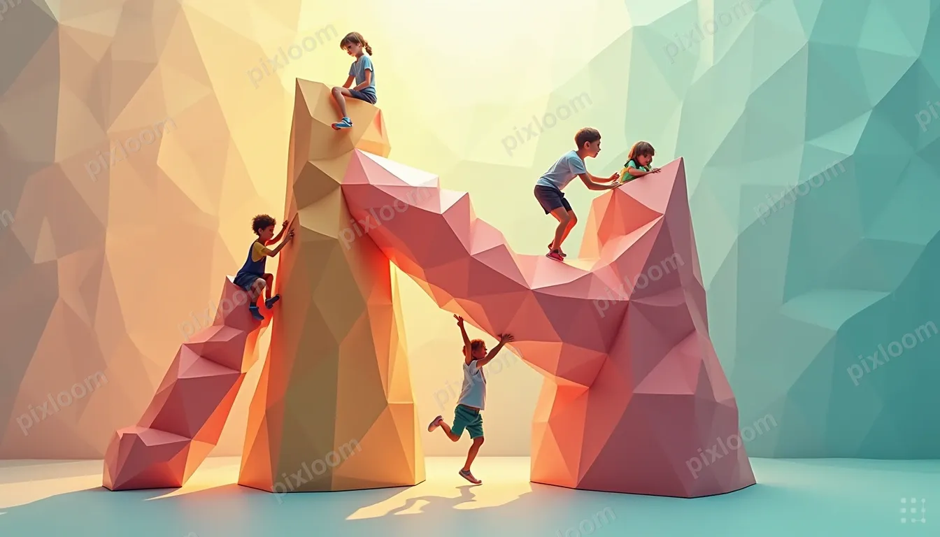Low-poly geometric jungle gym with kids climbing, faceted co