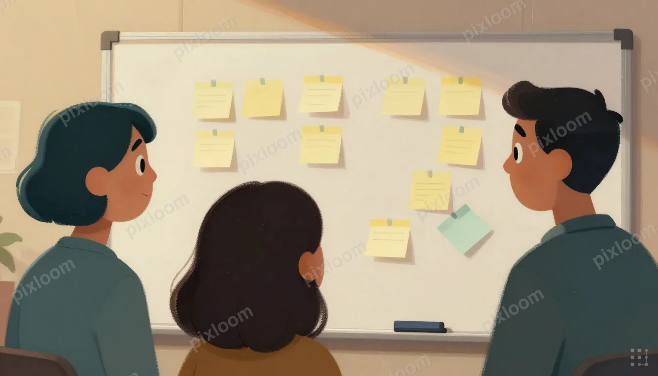 Team of four collaborating around a whiteboard in a glass-wa
