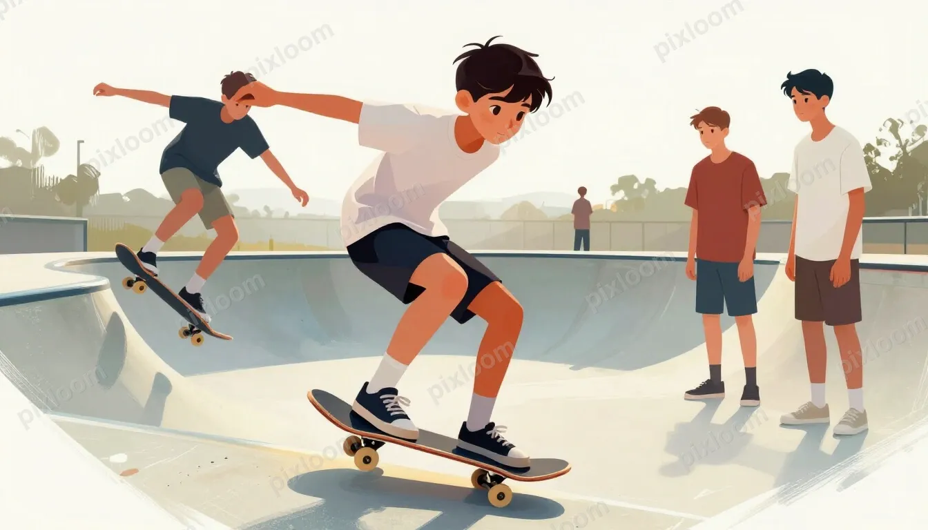 Teens skateboarding at a skatepark, one mid-trick, friends w