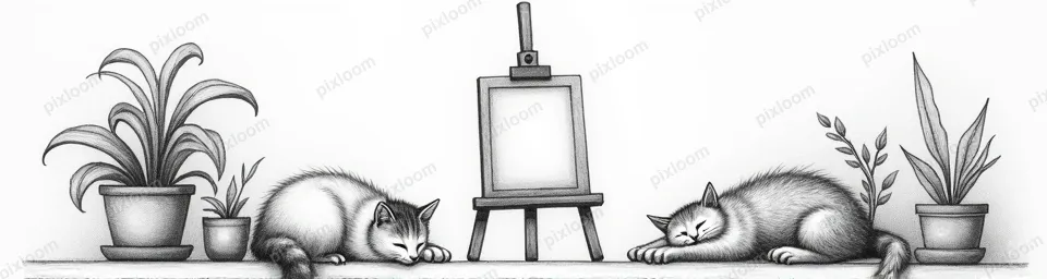 cute pencil sketch of a cozy artist studio with easel, plant