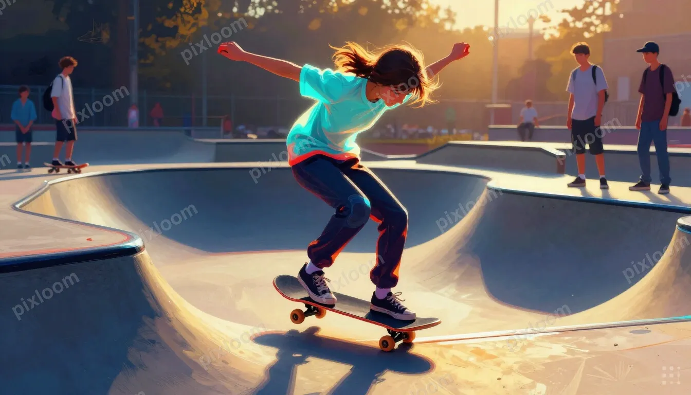 Teens skateboarding at a skatepark, one mid-trick, friends w