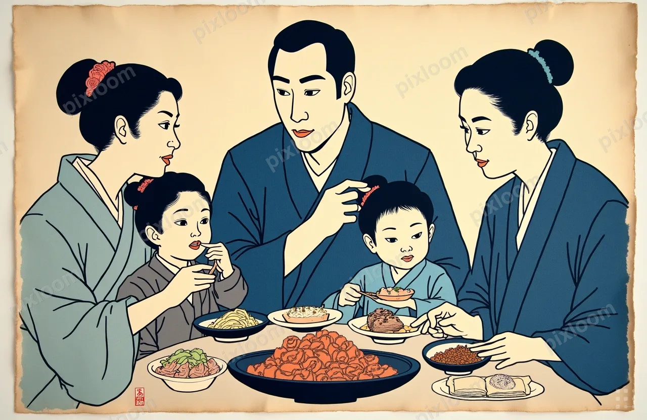 Woodblock print of a family gathering around a shared meal, 