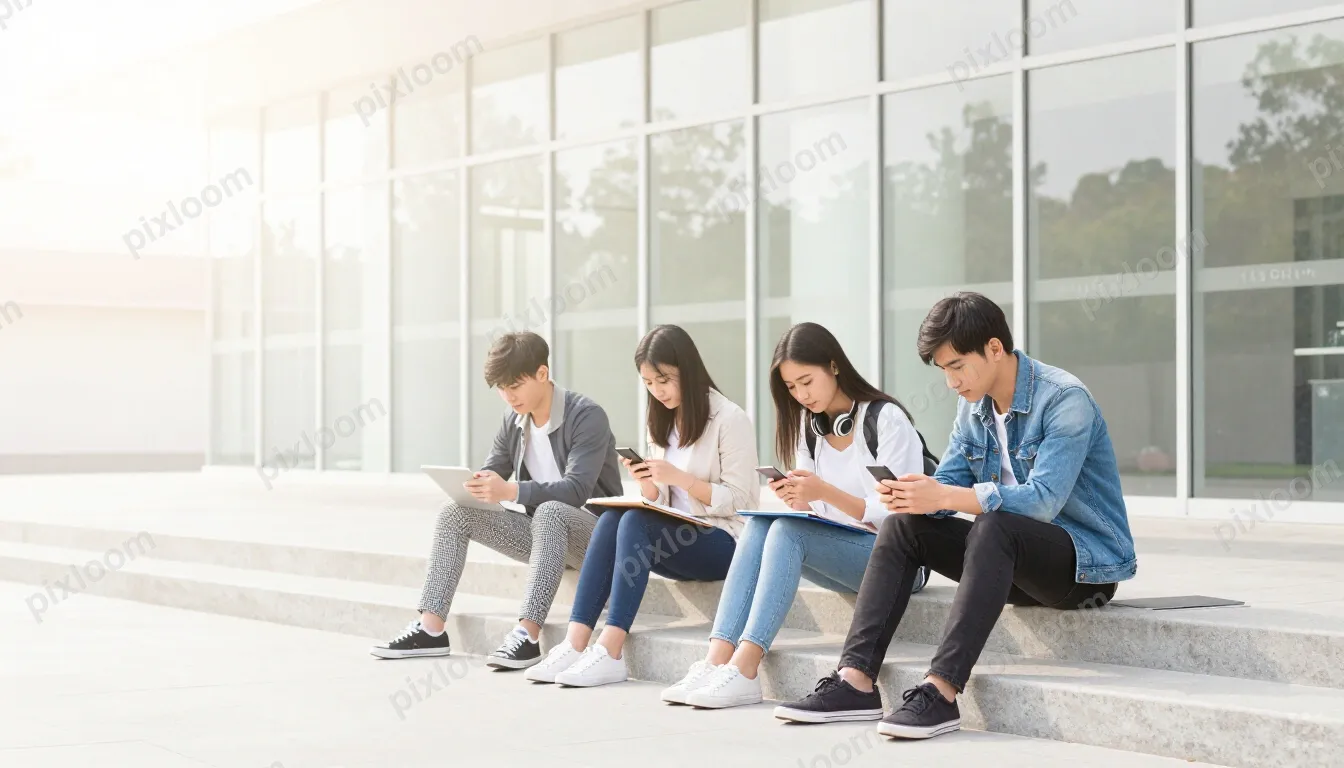 Four students sit on concrete steps outside a glass-front bu