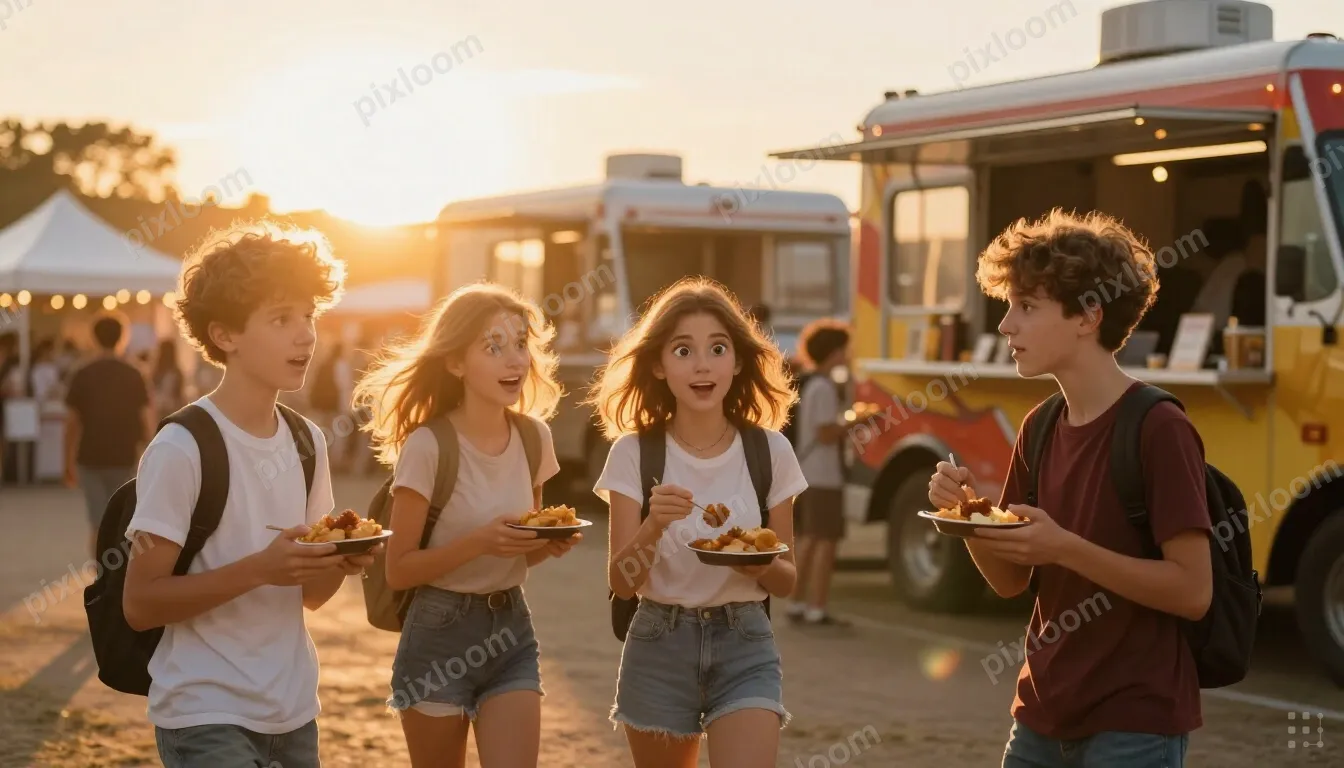 Teens at a food truck festival, trying different cuisines, c