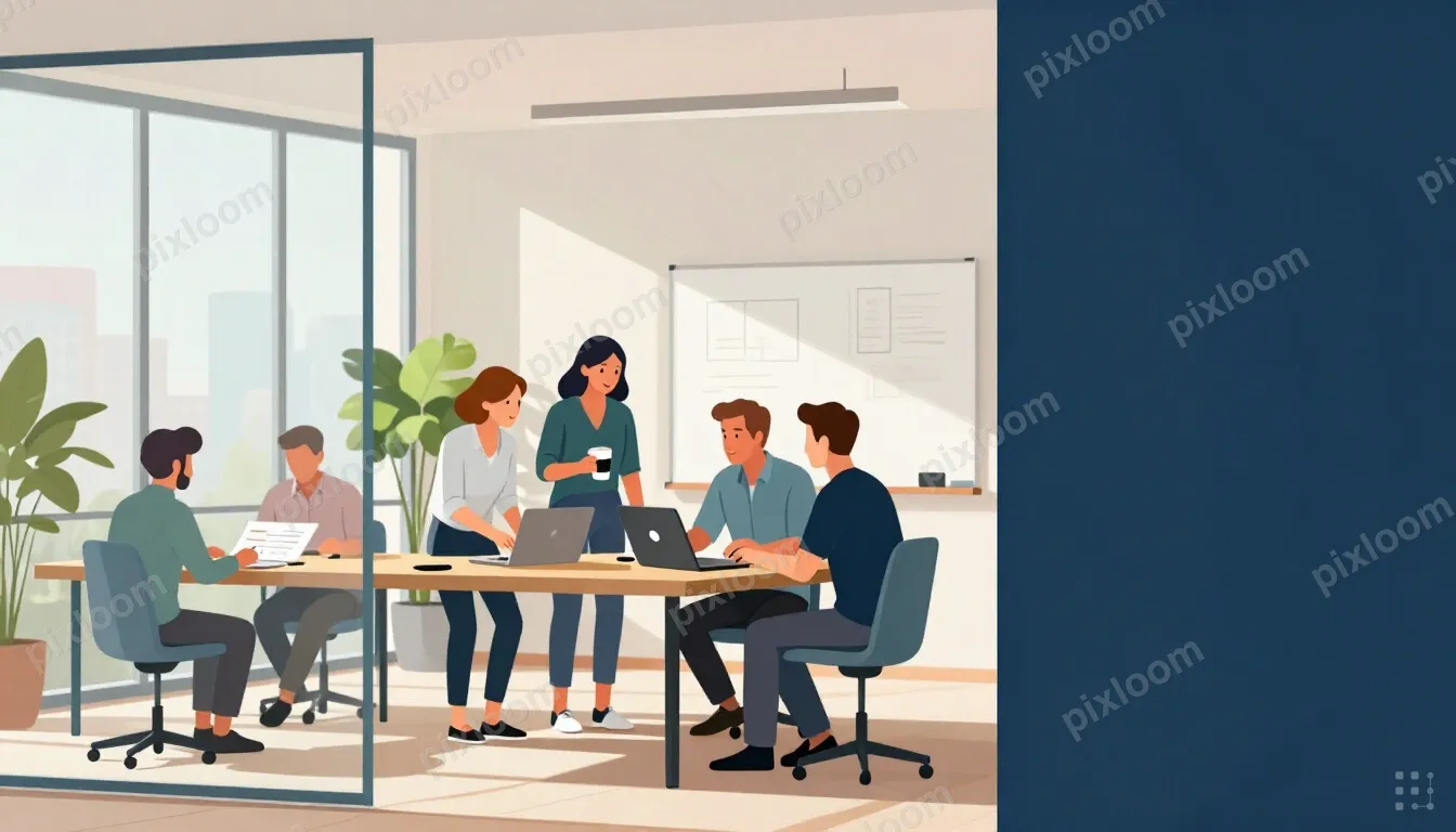 A bright, modern open-plan office, shot in natural daylight.