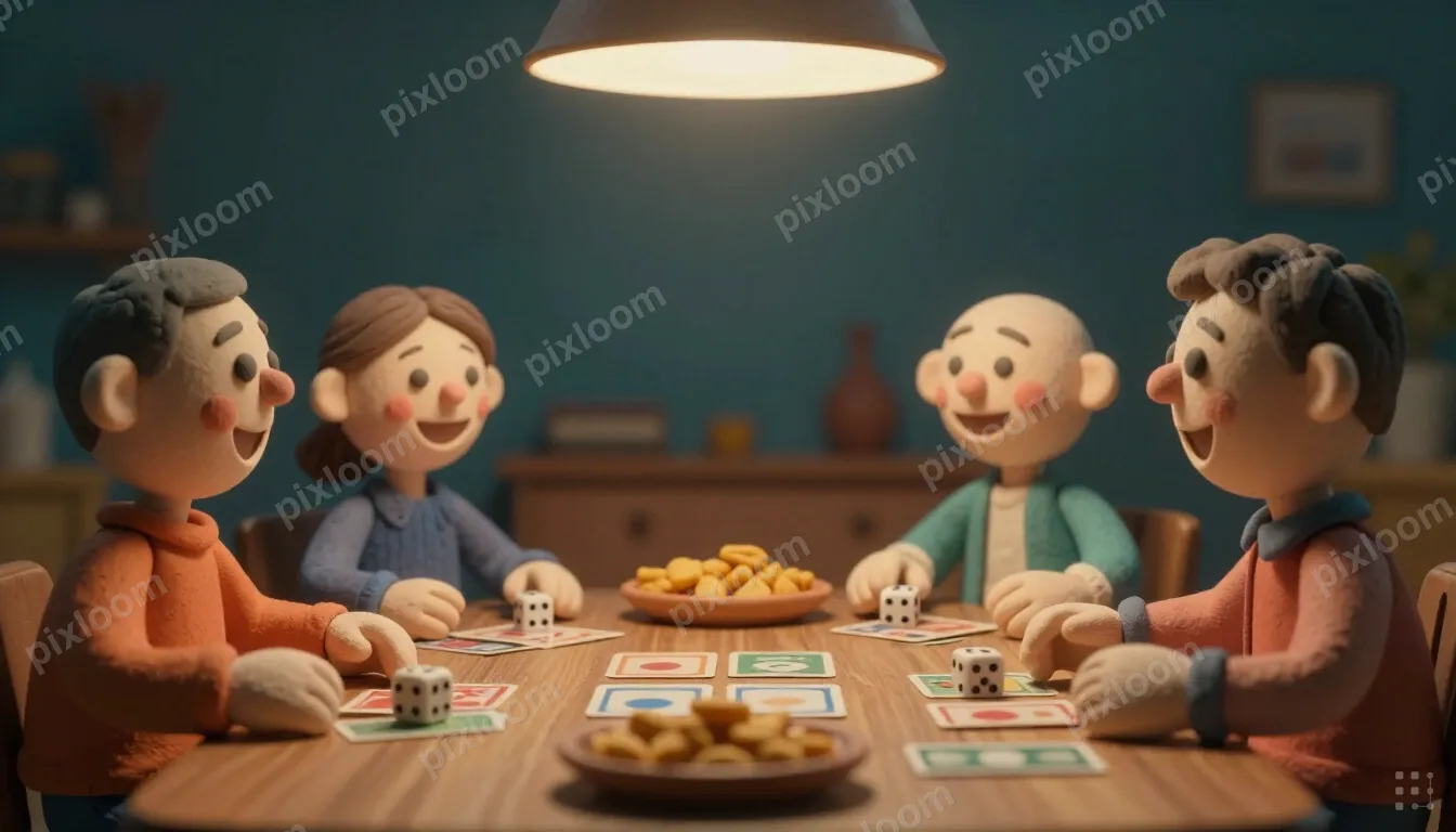 Family game night around a dining table, dice, cards, snacks