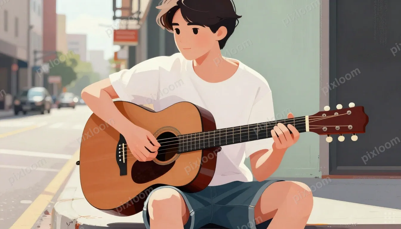 A person sits on a curb of a city street, playing an acousti