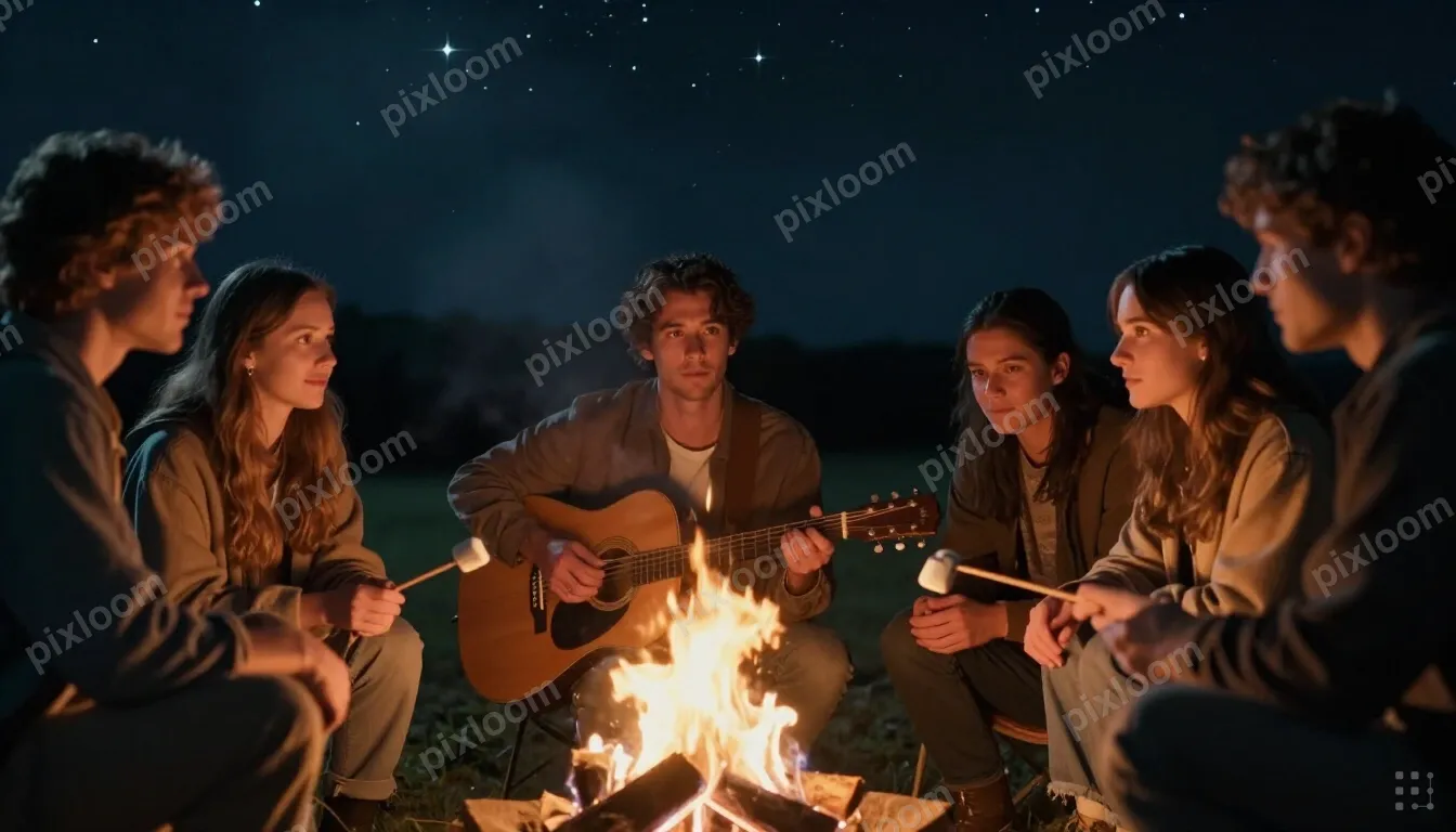Friends gathered around a campfire, guitar, marshmallows, st