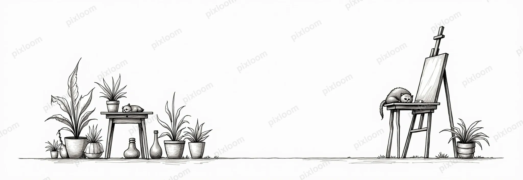 cute pencil sketch of a cozy artist studio with easel, plant