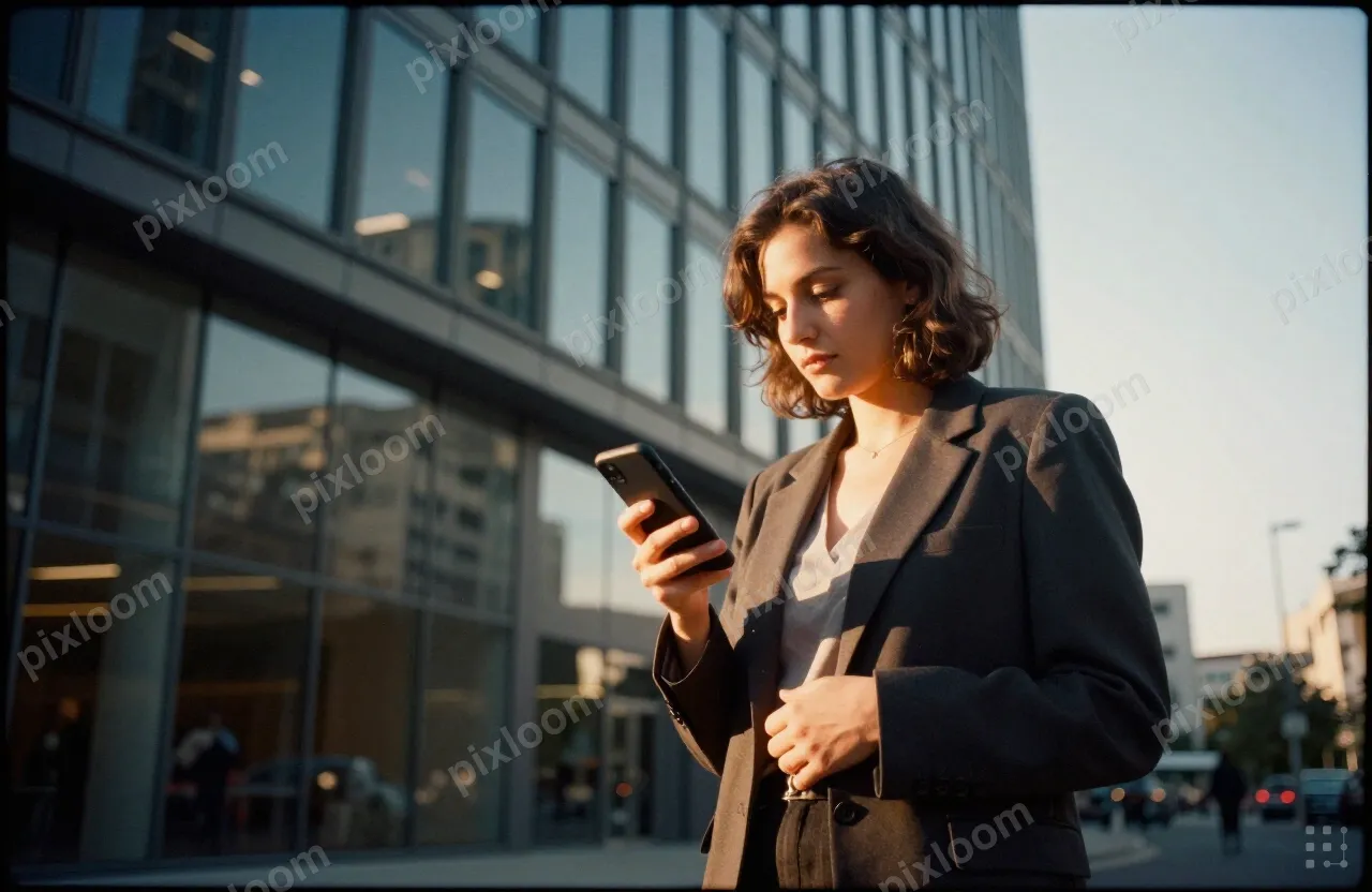 A woman stands outdoors in front of a modern glass office bu