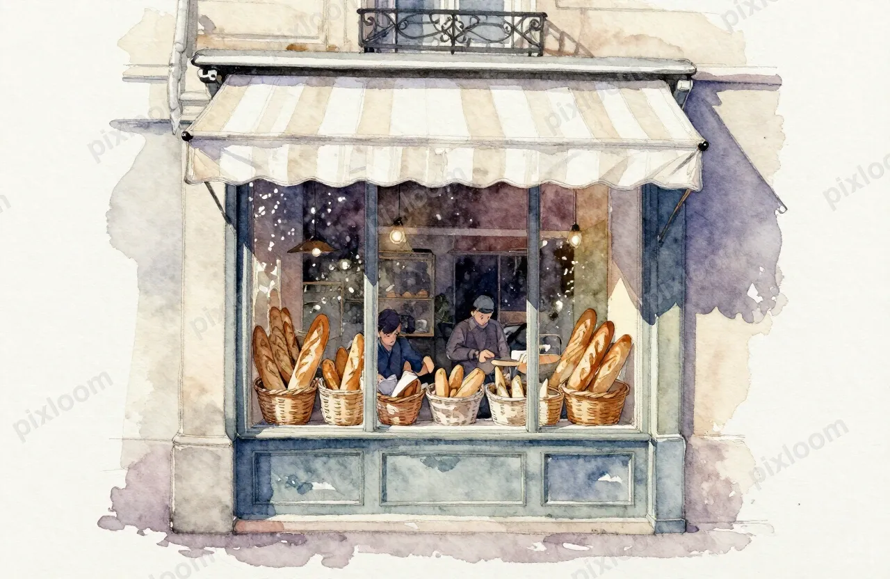 Watercolor of a Parisian bakery storefront, striped awning, 