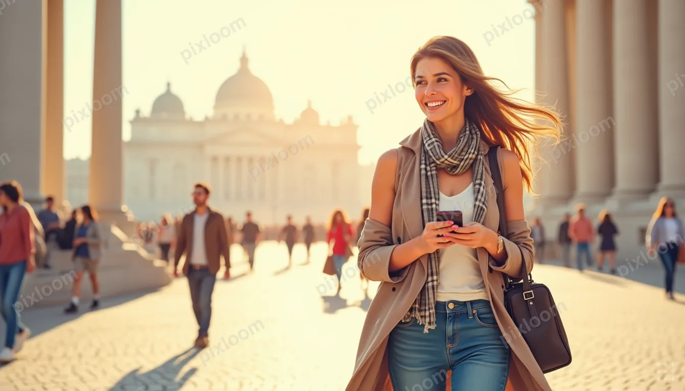 warercolor A smiling woman walks through a city square, look