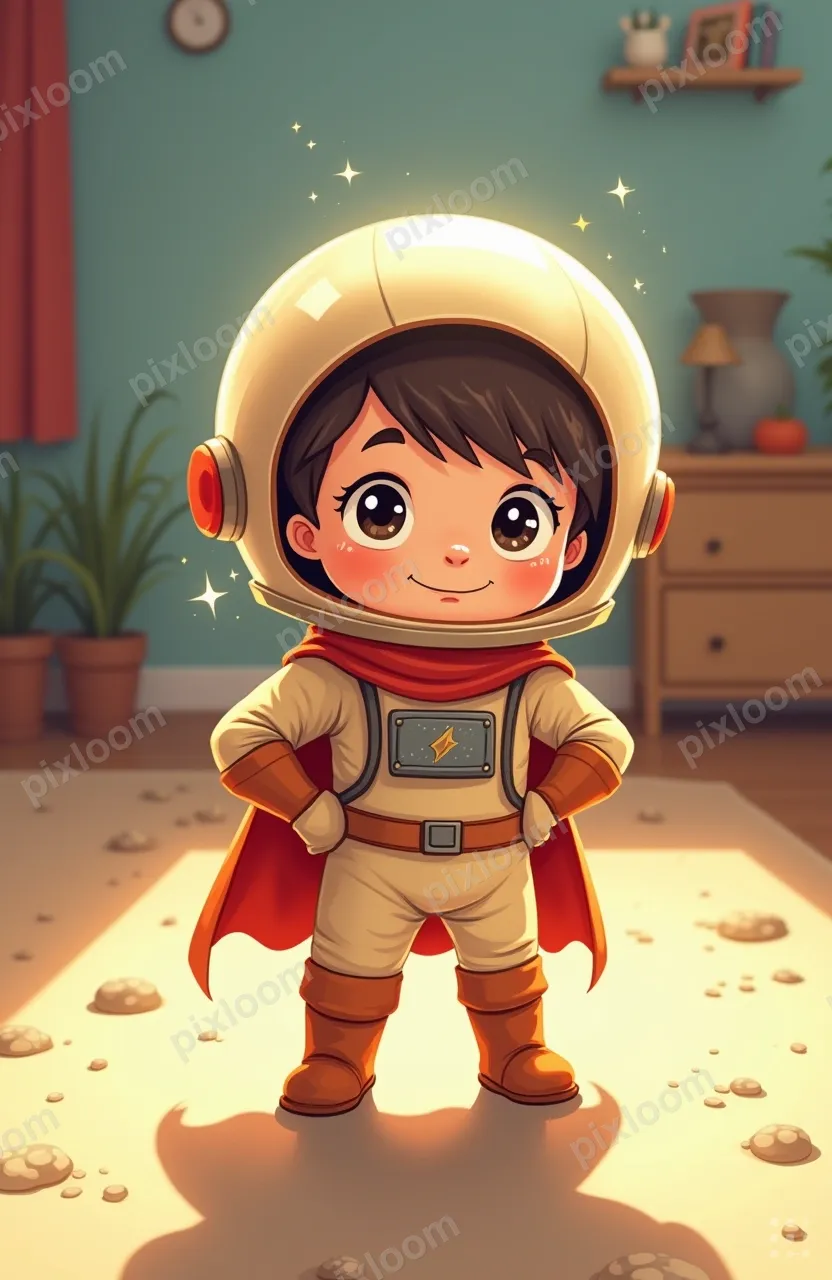 Kid in astronaut costume, cardboard helmet, standing in livi