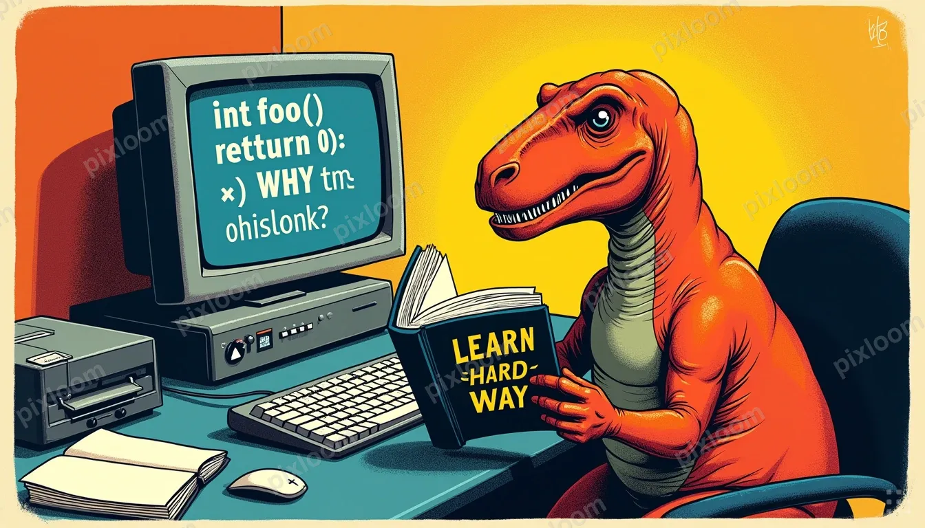 An orange dinosaur sits at a desk, reading a book titled LEA