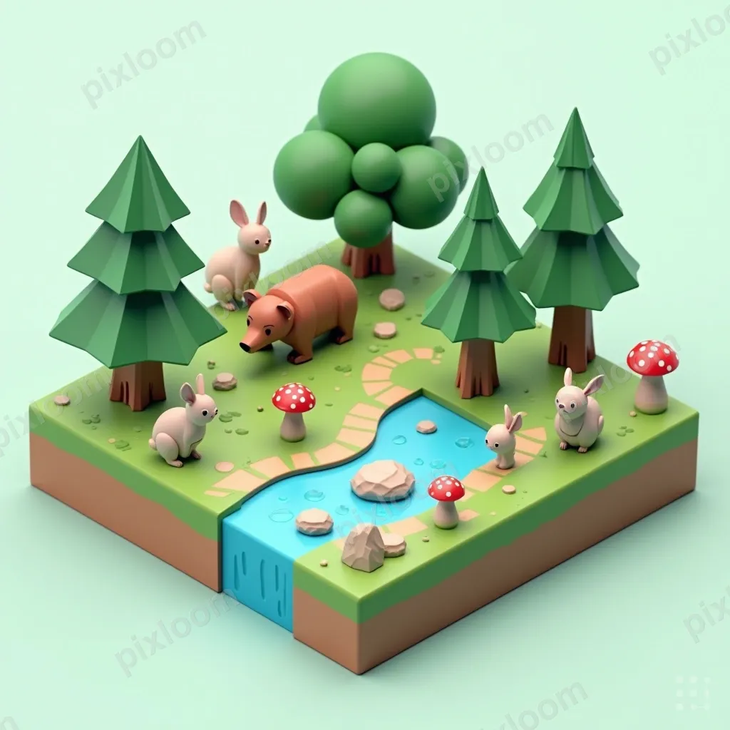 Isometric wildlife scene — forest clearing with bear, rabbit