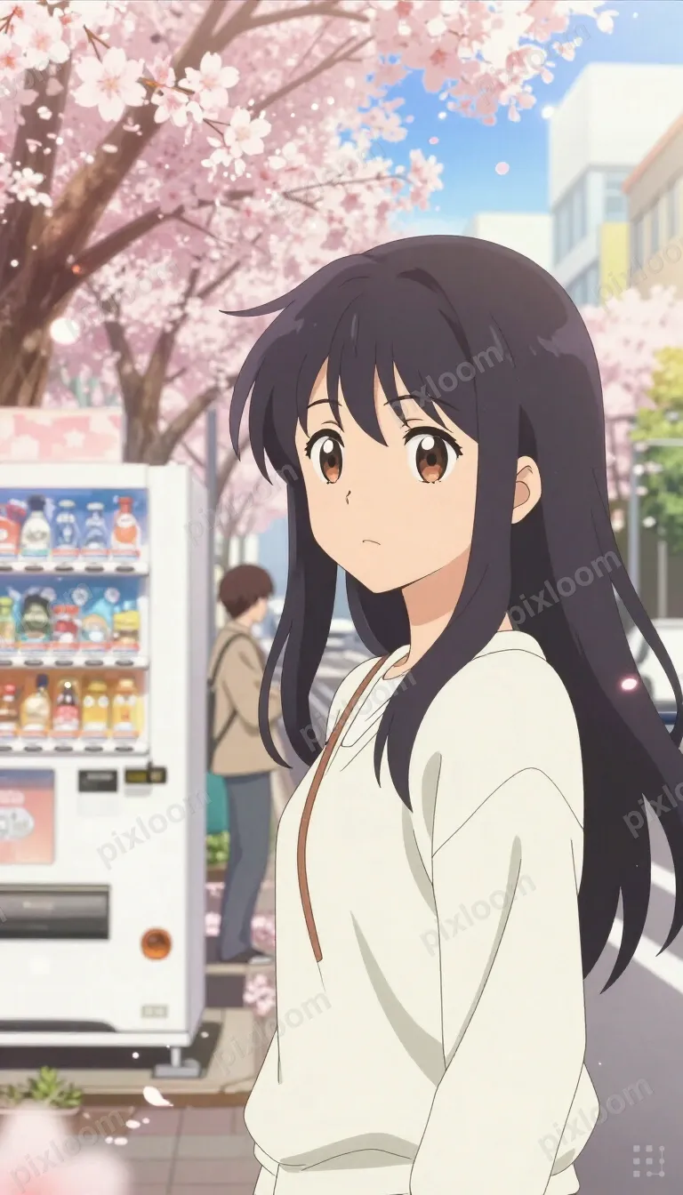 Anime-style Tokyo street scene with cherry blossoms, vending