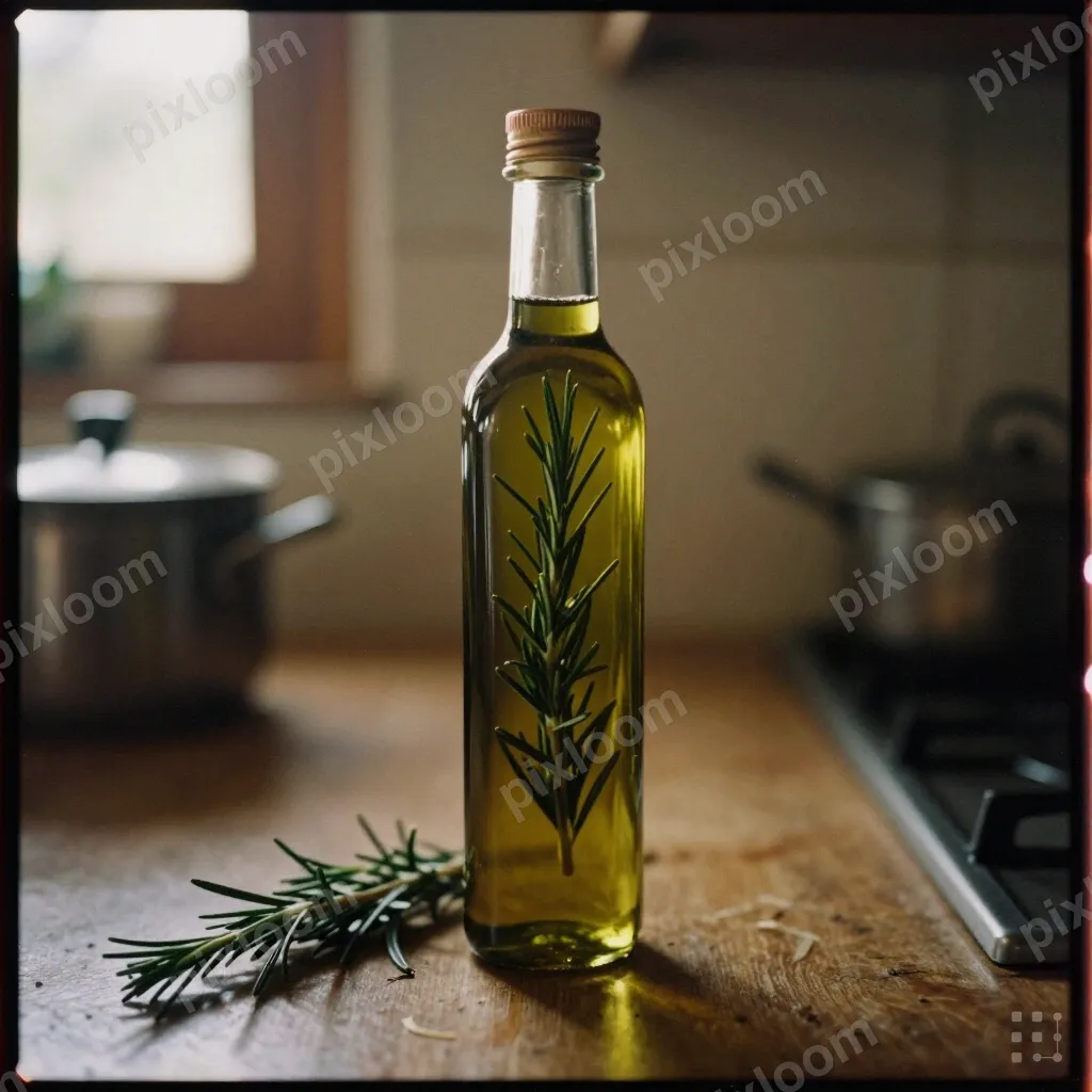bottle of craft olive oil with a sprig of rosemary, rustic k
