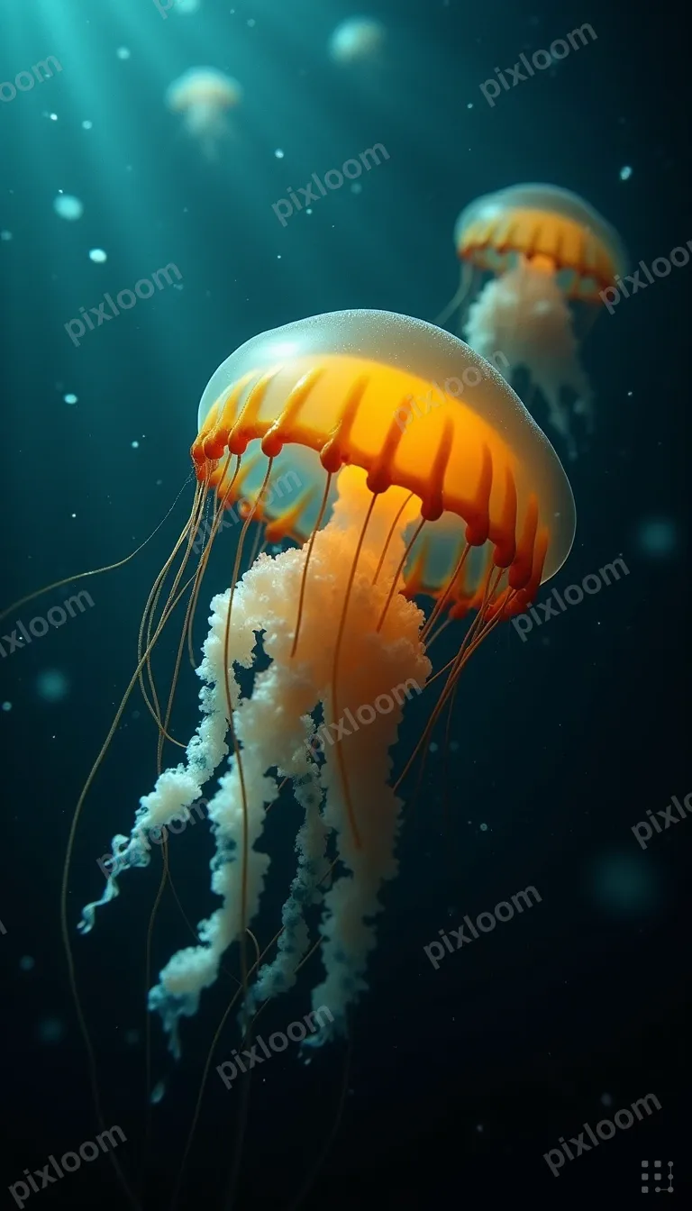 Jellyfish floating in deep ocean, bioluminescent glow, trans