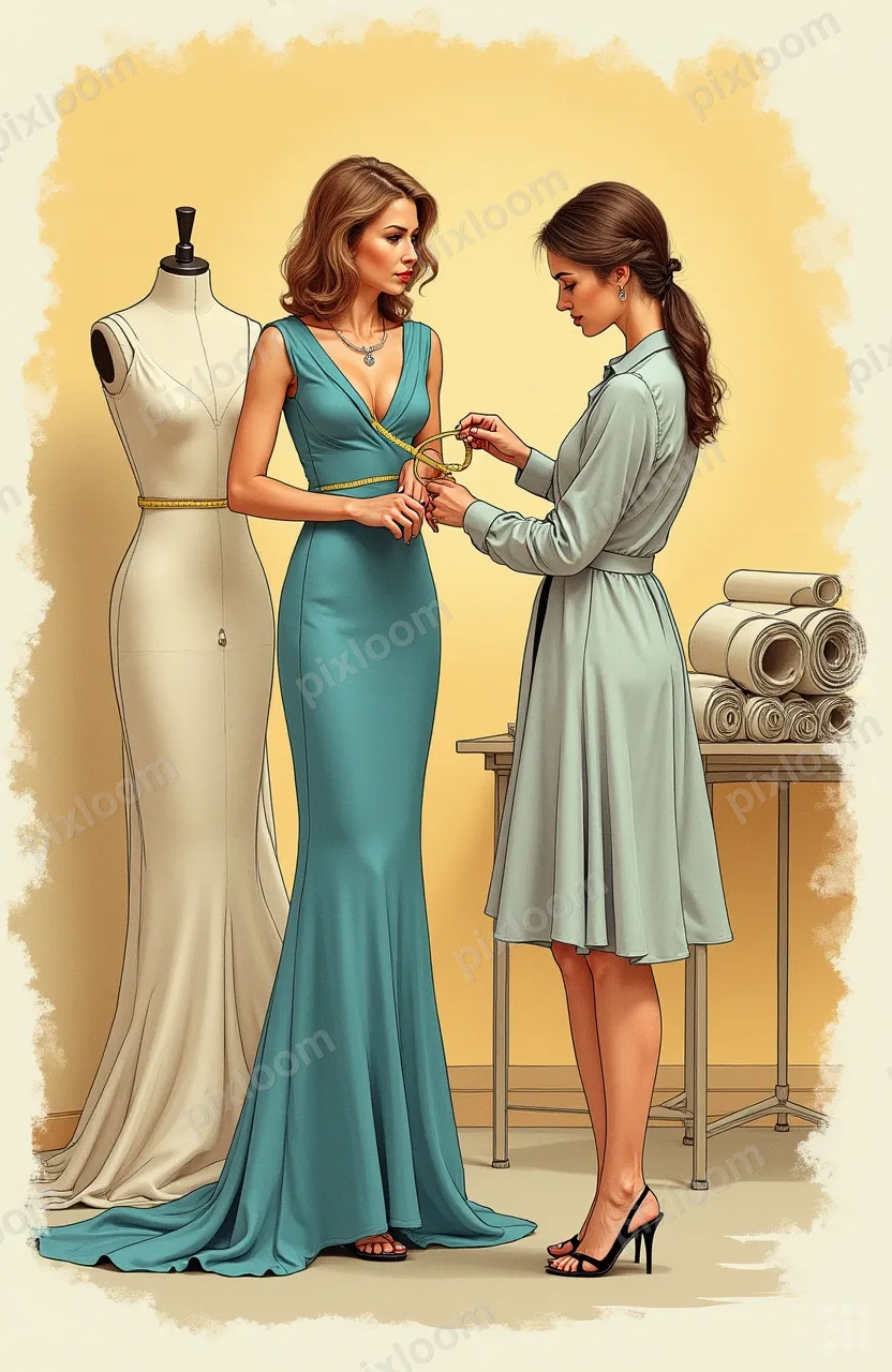 Fashion designer pinning fabric on a dress form, measuring t