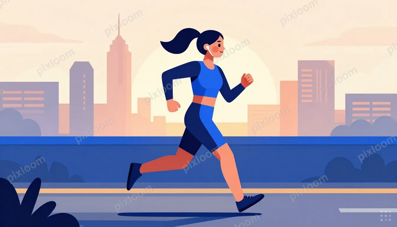 Athletic woman running along a city trail at sunrise, wearin