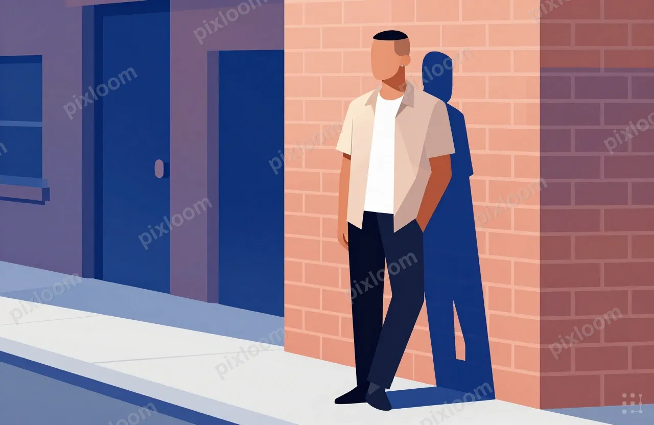 An urban street scene with a man leaning against a brick wal