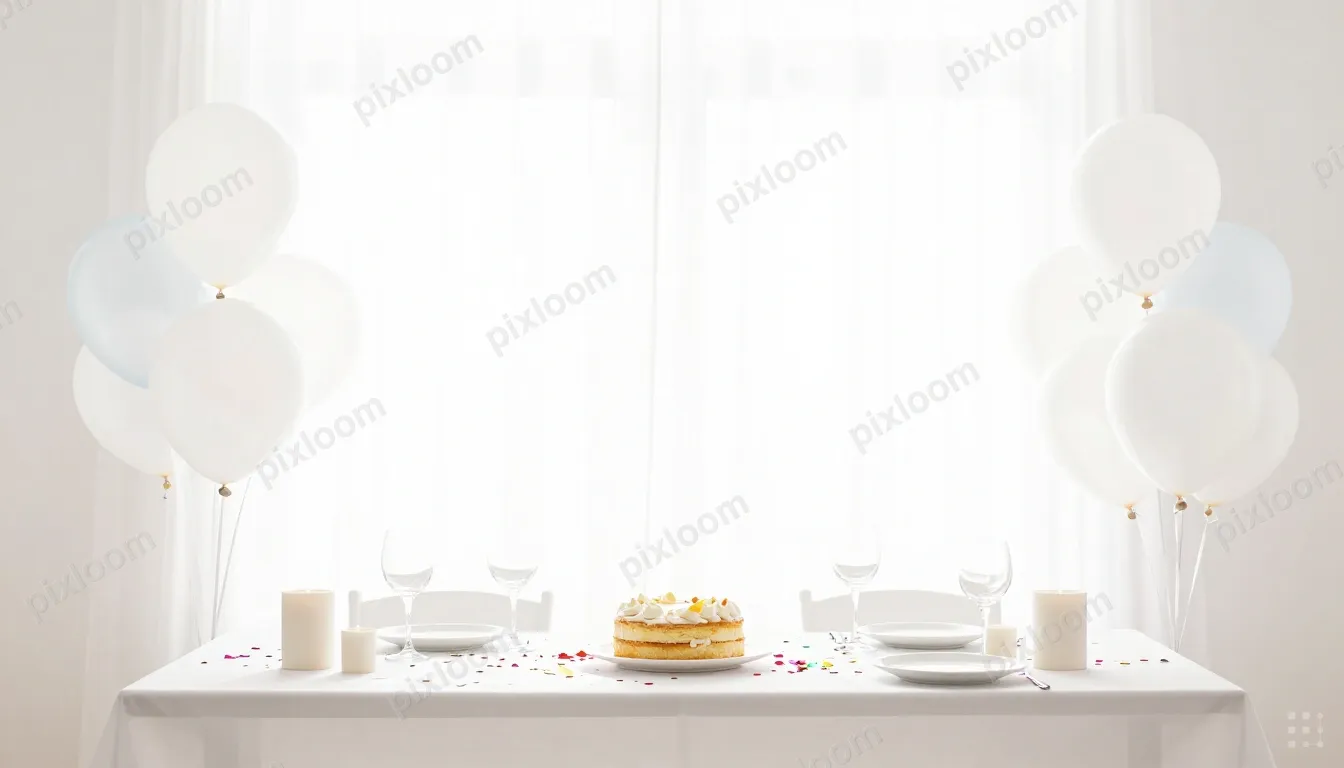 birthday party table with balloons, cake and confetti
