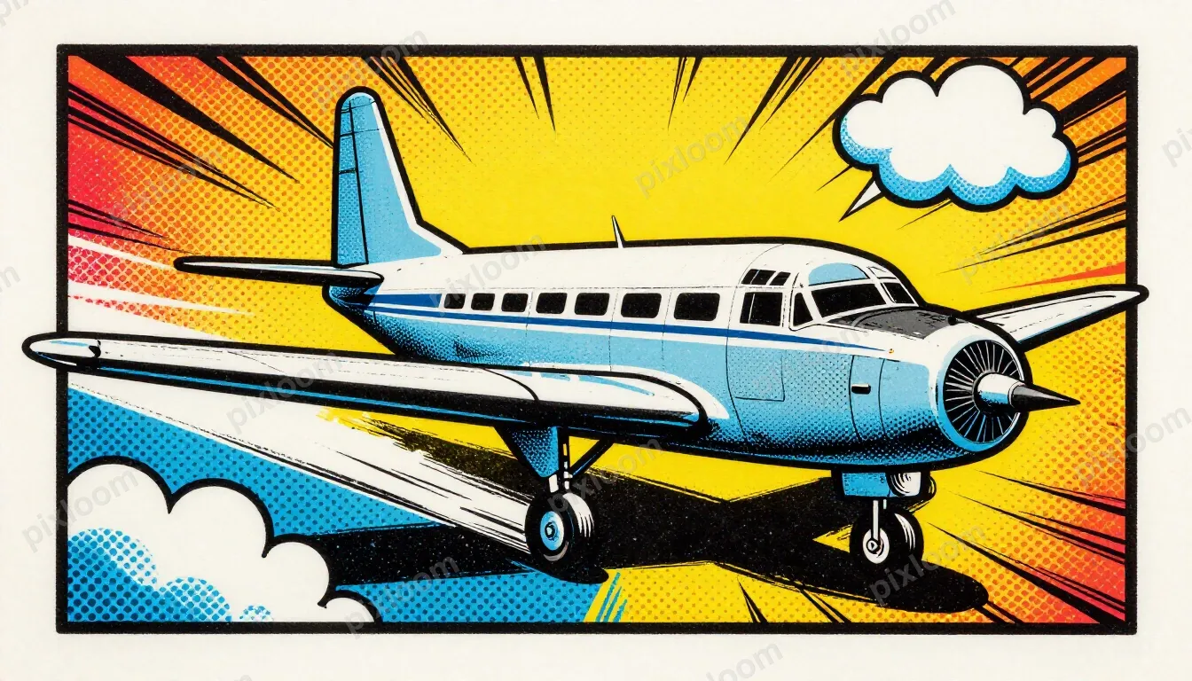 Pop art vintage airplane, bold retro colors, speed lines, cl