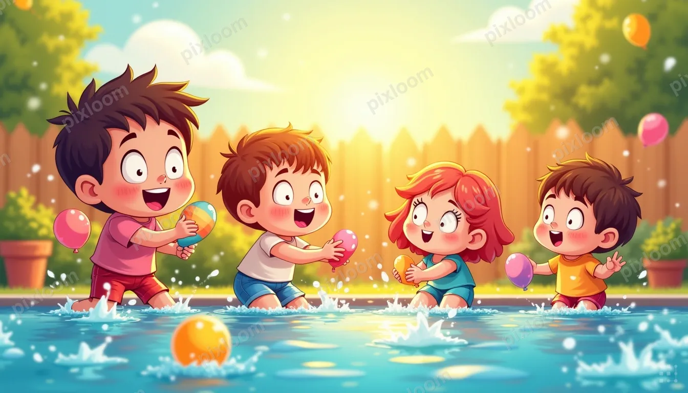 Kids having a water balloon fight in backyard, splashing, su