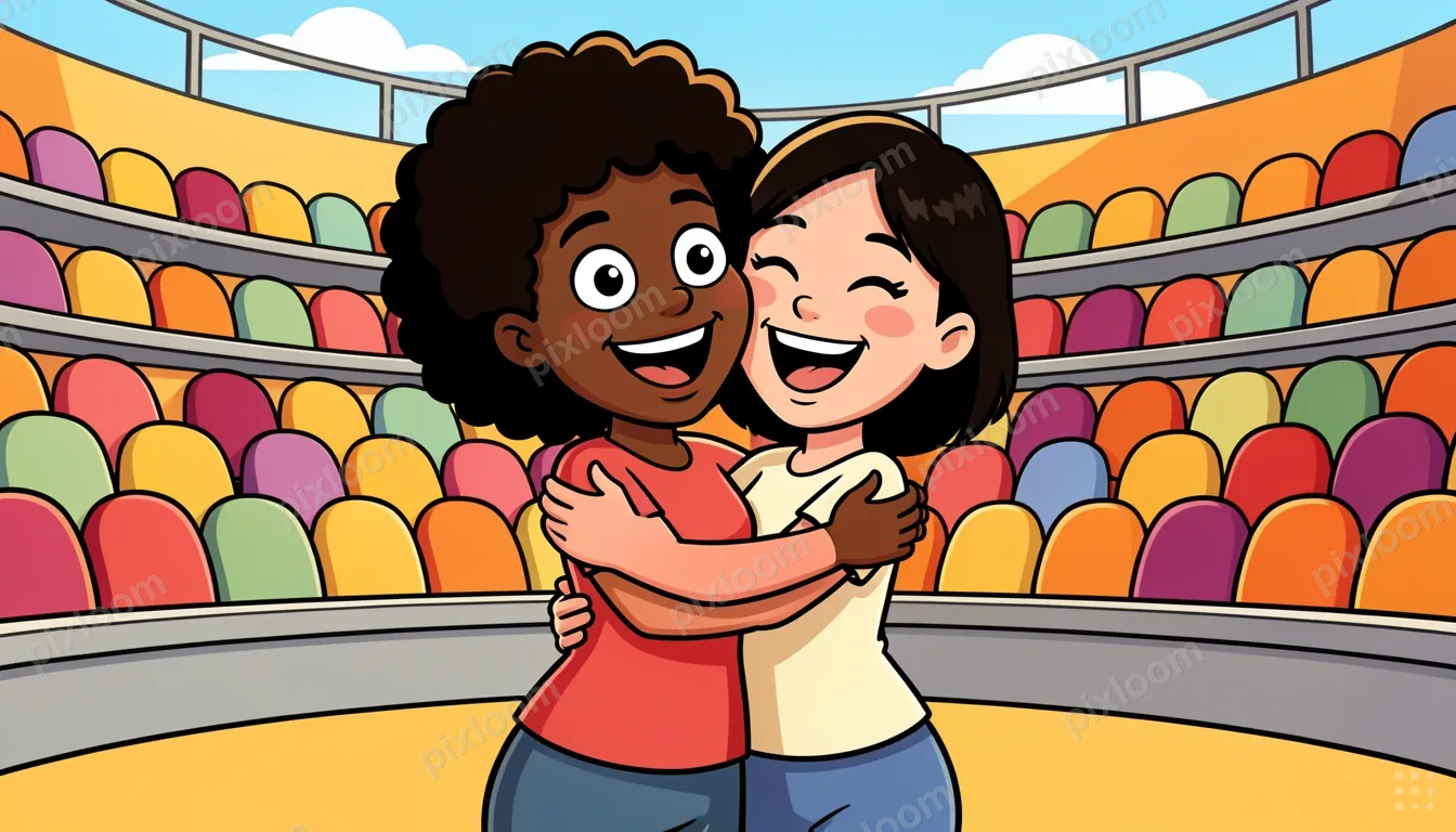 Two women in the foreground hug and cheer. An exuberant Blac