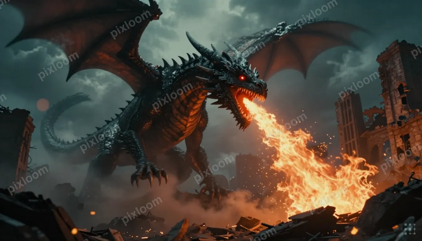 A colossal black dragon coils above a ruined city, its red e