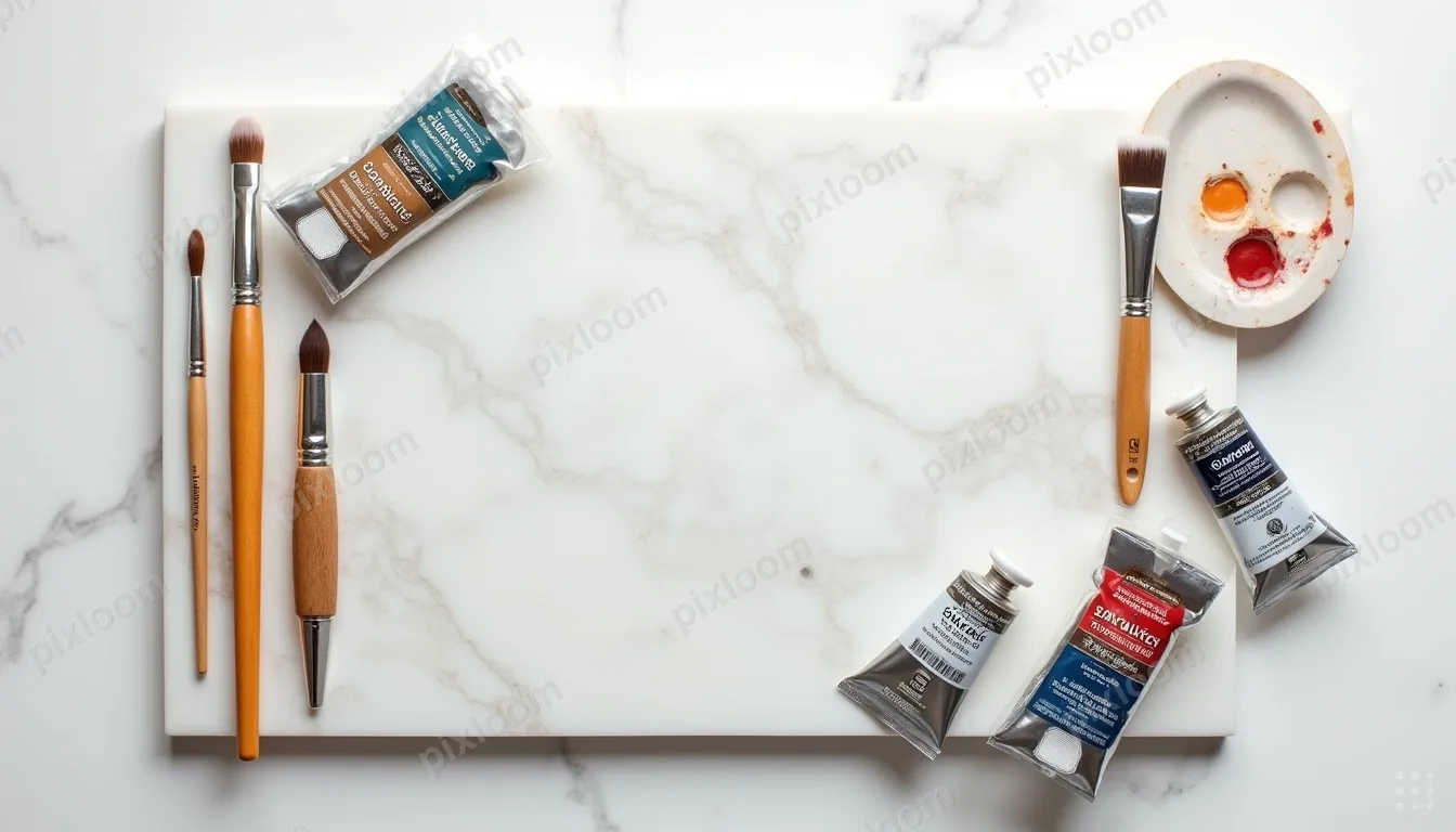 Product shot of artist supplies — premium paint tubes, brush