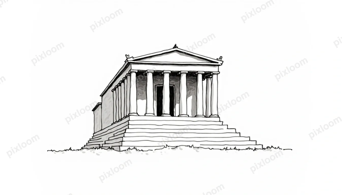 Line art of a classical Greek temple with columns, pediment,